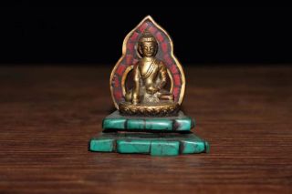 Chinese Antique Tibetan Buddhist Brass Inlaid Gems Shakyamuni Buddha Statue