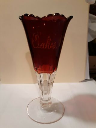 Oakes North Dakota Advertising Nd Ruby Red Cut Glass Stemmed Goblet Wine