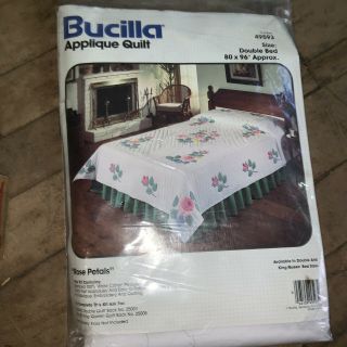 Vtg Bucilla Applique Rose Petal Quilt Kit Bedspread Double Full Floral