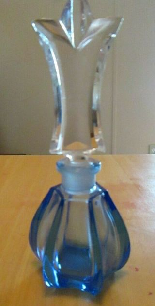 Vintage Cut Glass Crystal Perfume Bottle With Stopper Blue Base Clear Stopper
