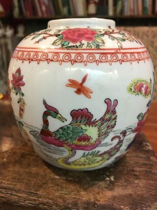 Hand Decorated Asian Jar Bird Floral Detail - Made In Macau 4 7/8 " Tall
