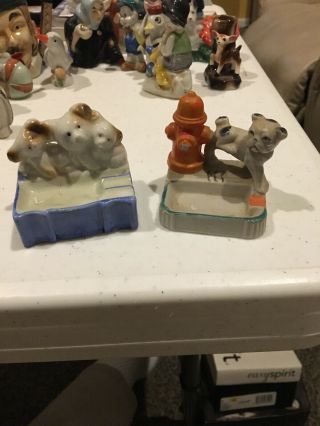 Vintage Ceramic Ashtrays 3 Little Dog & Dog With Fire Hydrant