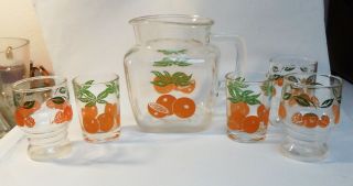 Vintage Orange Juice Pitcher With 5 Cups - Oranges Printed On Side