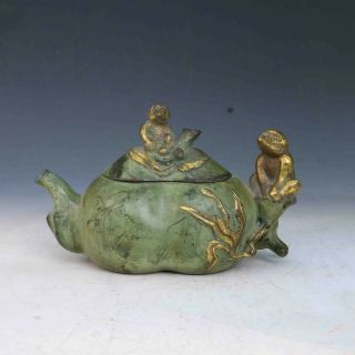Chinese Bronze Gilt Hand Carved Monkey Teapot Qianlong Mark