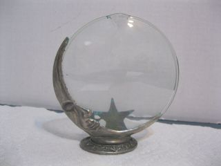 Vintage Glass Bud Vase Metal Crescent Moon Stars Base Incense Man In The Moon
