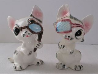 Vintage Big Eyed Cats One With Patch Salt & Pepper Shakers Japan