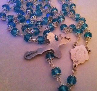 Aqua Filigree Creed Rosary Silver Oxidized Glass Austrian Crystal Diamond Cut 2