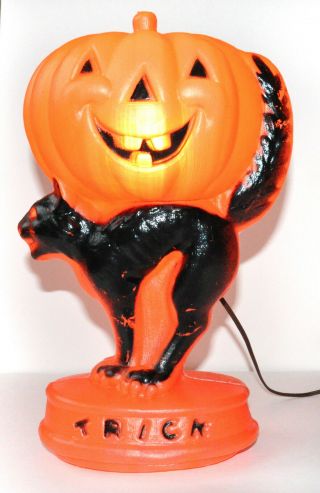 Vintage Halloween Blow Mold Jack O Lantern Pumpkin Black Cat Trick Treat Light