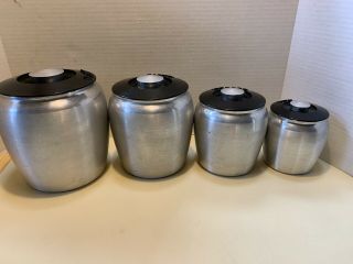 Vintage 4 Piece Silver Metal Aluminum Kitchen Canister Tea Flour Sugar Coffee