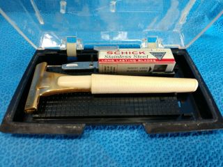 Vintage Schick Safety Razor Injector Gold With Case And Razors