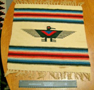 Classic Vintage Chimayo Ortega 18x18 " Weaving,  Cream With Center Thunderbird
