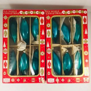 12 Vintage Teal Green Glass Teardrop Christmas Tree Ornaments West Germany Box