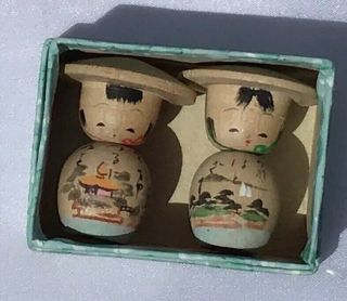 2 Vintage Japanese Wooden Kokeshi Dolls Park Story Pictures 1950 - 60’s Box 26