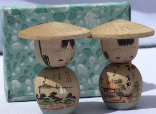 2 Vintage Japanese Wooden Kokeshi Dolls Park Story Pictures 1950 - 60’s Box 26 2