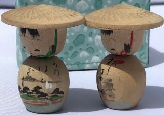 2 Vintage Japanese Wooden Kokeshi Dolls Park Story Pictures 1950 - 60’s Box 26 3