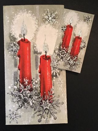 Retro Vintage Mid Century Christmas Card W/ Mini Card Red Candle Silver Glitter