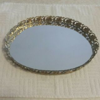 Vintage 9 " X 12 1/2 " Gold Tone Metal Dresser Vanity Mirror Filigree Tray
