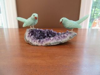 1999 Amethyst Purple Geode " Cesar " Birdbath Green Birds 8 "