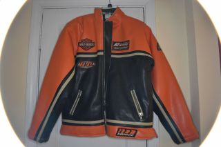 Harley Davidson Orange Racing Jacket,  Size Large,  Pvc Simulated Leathe