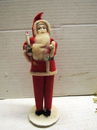 Vintage Early Celluloid & Felt Santa Claus On Stand Holding Candle