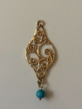 Israel 925 Sterling Silver Gold Tone Pendant W Turquoise Necklace Boho