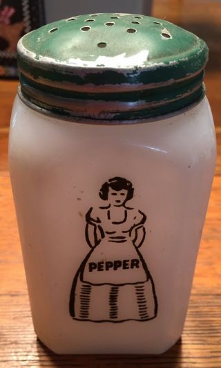 Vtg Mckee Milkglass Kitchen Range Set Pepper Shaker - Lady W/apron - Revised Info