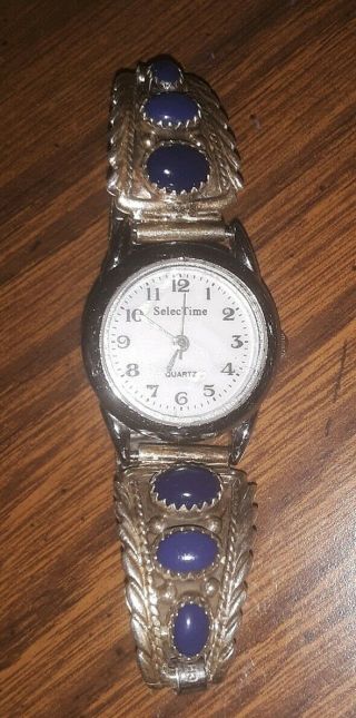 Robert Becenti Rb Signed Navajo Sterling & Blue Stone Watch Band On Quartz Watch