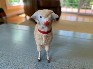 Putz Sheep Wooly Stick Leg Composition Antique Germany German Toy Pink Collar
