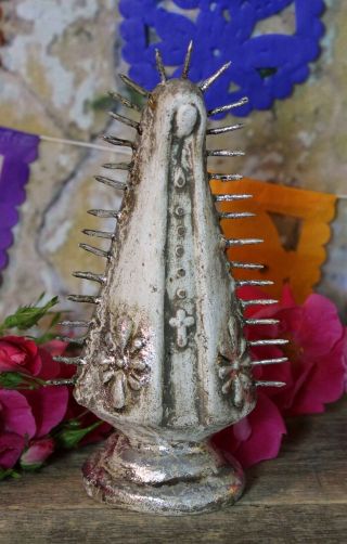 Modern Virgin Of Guadalupe Silver Leaf Ceramic By Rafael Pineda Mexican Folk Art