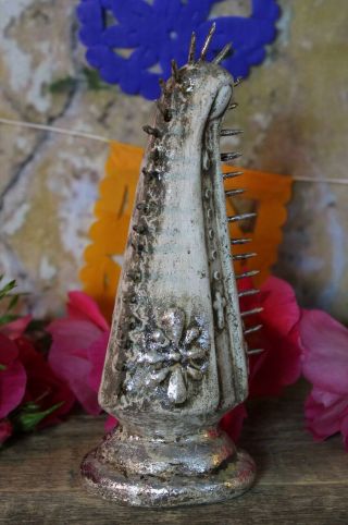 Modern Virgin of Guadalupe Silver Leaf Ceramic by Rafael Pineda Mexican Folk Art 2