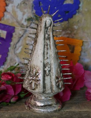 Modern Virgin of Guadalupe Silver Leaf Ceramic by Rafael Pineda Mexican Folk Art 7
