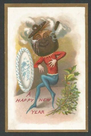 L42 - Dancing Anthro Plum Pudding Boiling In Pot - Victorian Year Card