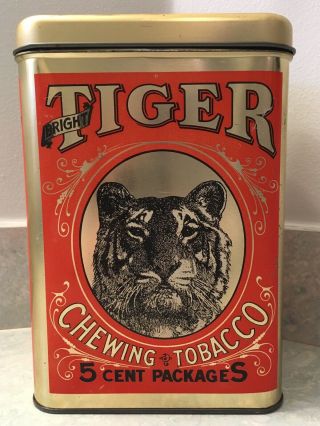 Vintage 1950’s Bright Tiger Chewing Tobacco Tin - Fine Cut 5 Cent Packages