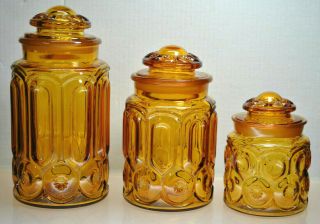 Vintage L.  E.  Smith Set Of (3) Amber Canister Jars Moon & Stars Ground Lid & Rims
