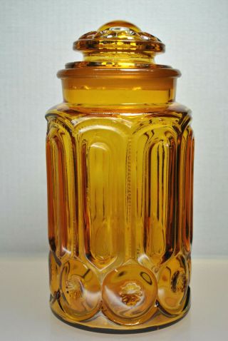 VINTAGE L.  E.  SMITH SET OF (3) AMBER CANISTER JARS MOON & STARS GROUND LID & RIMS 2