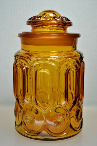 VINTAGE L.  E.  SMITH SET OF (3) AMBER CANISTER JARS MOON & STARS GROUND LID & RIMS 6