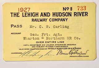 1927 The Lehigh And Hudson River Railway Co.  Annual Pass