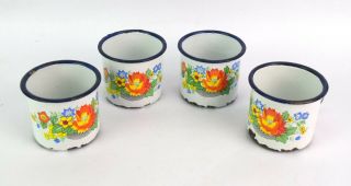 Set Of 4 Vintage Retro Tea Cup Orange Flower Pattern Enamel Work.  I14 - 38 Us