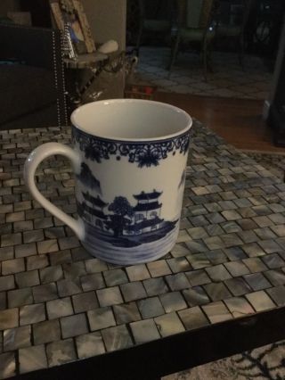 Canton Blue Porcelain Coffee Mug Cup China Blue & White Oriental Pagoda Mountain