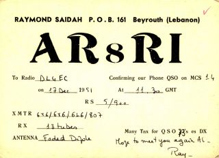 Ar8ri Raymond Saidah Beyrouth,  Lebanon 1951 Vintage Ham Radio Qsl Card