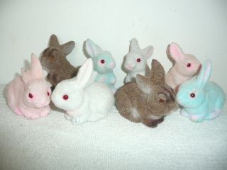 8 Vintage Flocked Fuzzy Plastic Easter Bunny Rabbit Pink White Blue Brown