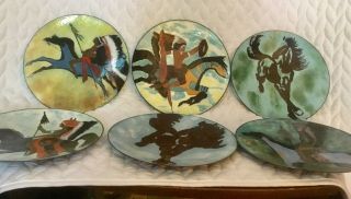 Set Of Six Enameled Plates With Native American Themes By Fran