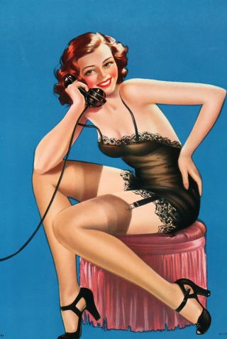 Vintage 1940s Art Deco Lrg Pin - Up Print Garter Clad Gossip Girl in Nightie Fine 2