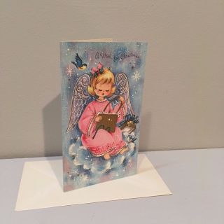 Vtg Christmas Card Pretty Little Girl Angel In Pink Bluebirds Coronation