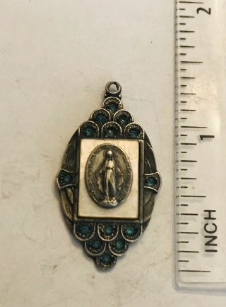 Antique Art Deco Blue Paste Sterling Silver Miraculous Mary Medal Pendant