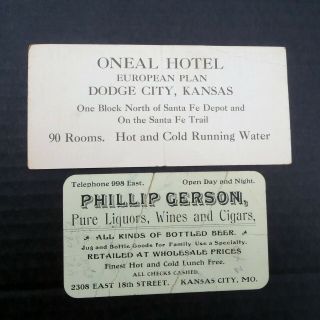 C1915 Phillip Gerson Kansas City Mo Liquor Store & Dodge City Kansas Oneal Hotel