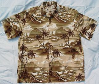Vintage Tiki God Sepia Print Cotton Hawaiian Shirt Made In Hawaii Xl