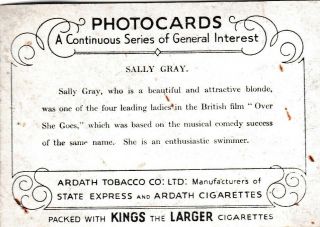 SALLY GRAY - ardath HOLLYWOOD movie star PIN - UP/CHEESECAKE 1938 cigaret card 2