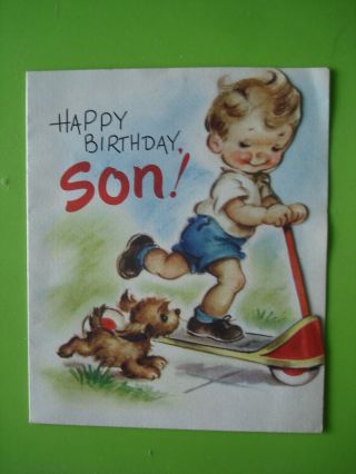 Vtg.  Rust Craft Birthday Card - Son - Cute Boy Riding On Scooter - Die - Cut