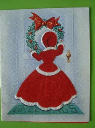 Vtg.  Christmas Card - Girl In Red Velvet Dress Hangs Christmas Wreath - Flocked